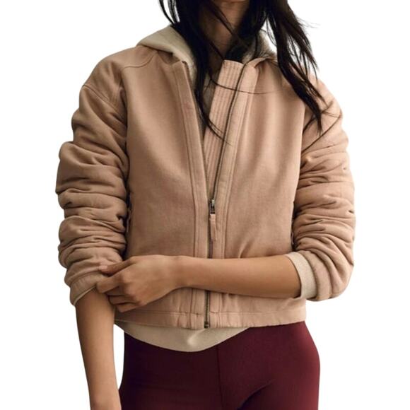Anthropologie Pilcro 1X Knit Cotton Ruched Sleeve Bomber Jacket "Neutral" Tan - Picture 1 of 12